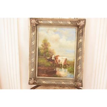 Scena Rodzajowa - Dwie Krowy Na Pastwisku - Obraz Olejny Zdobiona Rama