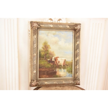 Scena Rodzajowa - Dwie Krowy Na Pastwisku - Obraz Olejny Zdobiona Rama