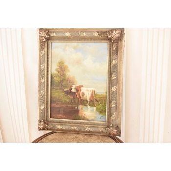 Scena Rodzajowa - Dwie Krowy Na Pastwisku - Obraz Olejny Zdobiona Rama