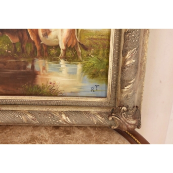 Scena Rodzajowa - Dwie Krowy Na Pastwisku - Obraz Olejny Zdobiona Rama