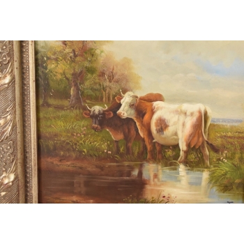 Scena Rodzajowa - Dwie Krowy Na Pastwisku - Obraz Olejny Zdobiona Rama