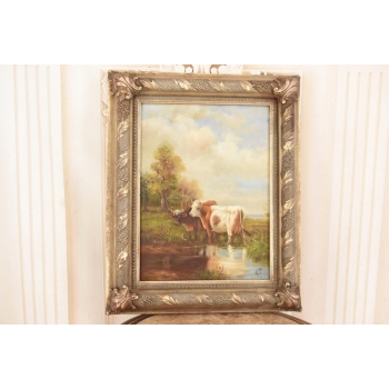 Scena Rodzajowa - Dwie Krowy Na Pastwisku - Obraz Olejny Zdobiona Rama
