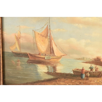 Okręty Wpływające do Portu - Statek Łodzie - Obraz Olejny Marynistyczny