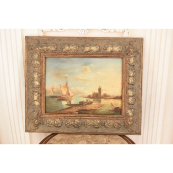 Okręty Wpływające do Portu - Statek Łodzie - Obraz Olejny Marynistyczny