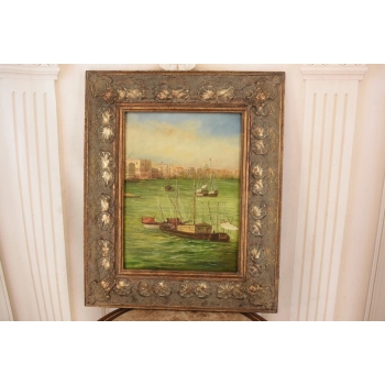 Portowa Scena - Łodzie Barki Na Wodzie - Marynistyczny Obraz Olejny