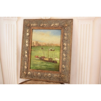 Portowa Scena - Łodzie Barki Na Wodzie - Marynistyczny Obraz Olejny