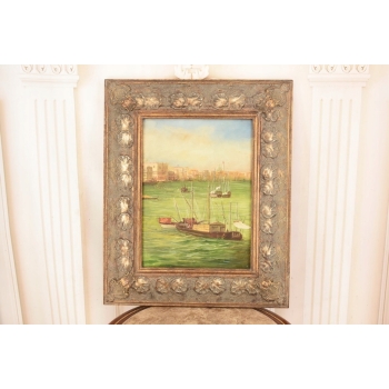 Portowa Scena - Łodzie Barki Na Wodzie - Marynistyczny Obraz Olejny