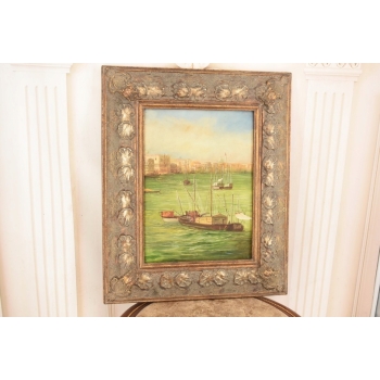 Portowa Scena - Łodzie Barki Na Wodzie - Marynistyczny Obraz Olejny