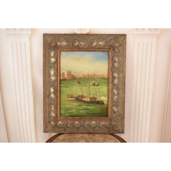 Portowa Scena - Łodzie Barki Na Wodzie - Marynistyczny Obraz Olejny