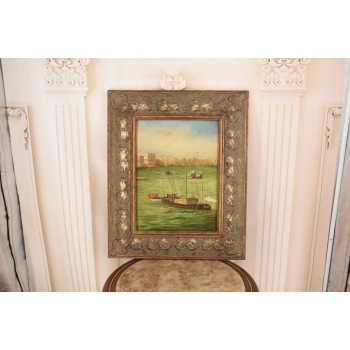 Portowa Scena - Łodzie Barki Na Wodzie - Marynistyczny Obraz Olejny