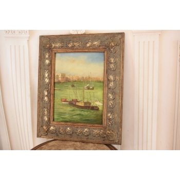 Portowa Scena - Łodzie Barki Na Wodzie - Marynistyczny Obraz Olejny