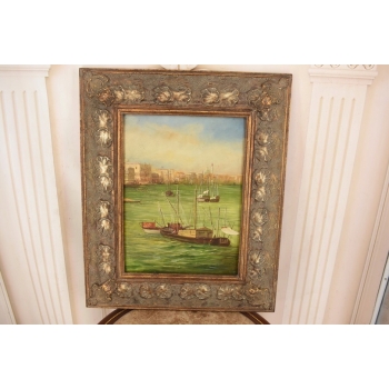 Portowa Scena - Łodzie Barki Na Wodzie - Marynistyczny Obraz Olejny