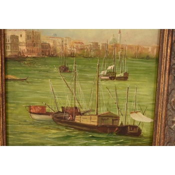 Portowa Scena - Łodzie Barki Na Wodzie - Marynistyczny Obraz Olejny