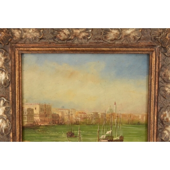 Portowa Scena - Łodzie Barki Na Wodzie - Marynistyczny Obraz Olejny