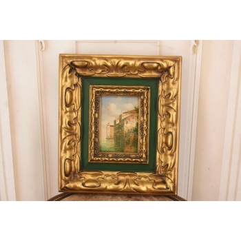 Miasto przy Wodzie - Wenecja Włoski Pejzaż Obraz Olejny Złoto Zielona Rama