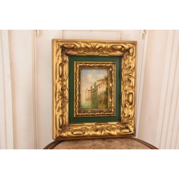 Miasto przy Wodzie - Wenecja Włoski Pejzaż Obraz Olejny Złoto Zielona Rama