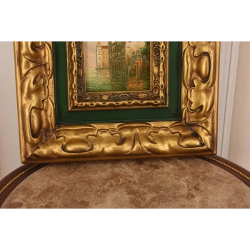 Miasto przy Wodzie - Wenecja Włoski Pejzaż Obraz Olejny Złoto Zielona Rama