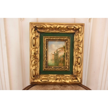 Miasto przy Wodzie - Wenecja Włoski Pejzaż Obraz Olejny Złoto Zielona Rama