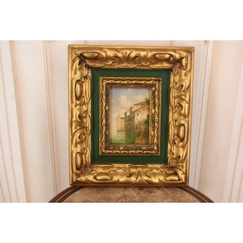 Miasto przy Wodzie - Wenecja Włoski Pejzaż Obraz Olejny Złoto Zielona Rama