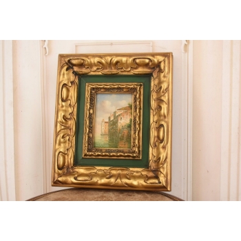 Miasto przy Wodzie - Wenecja Włoski Pejzaż Obraz Olejny Złoto Zielona Rama