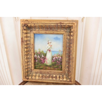 Kobieta w Białej Sukni - Kwiaty Róże - Portret - Obraz Olejny Ozdobna Rama
