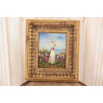 Kobieta w Białej Sukni - Kwiaty Róże - Portret - Obraz Olejny Ozdobna Rama