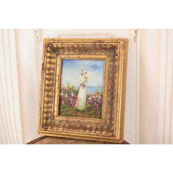 Kobieta w Białej Sukni - Kwiaty Róże - Portret - Obraz Olejny Ozdobna Rama