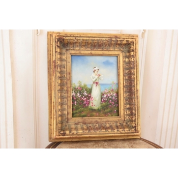 Kobieta w Białej Sukni - Kwiaty Róże - Portret - Obraz Olejny Ozdobna Rama