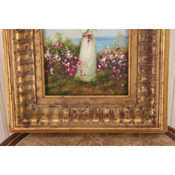 Kobieta w Białej Sukni - Kwiaty Róże - Portret - Obraz Olejny Ozdobna Rama