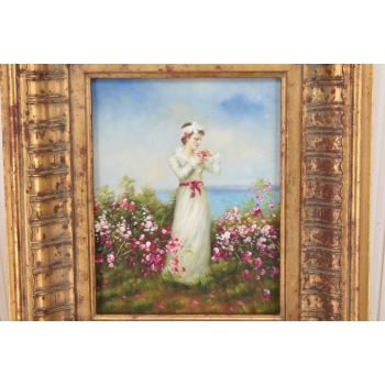 Kobieta w Białej Sukni - Kwiaty Róże - Portret - Obraz Olejny Ozdobna Rama