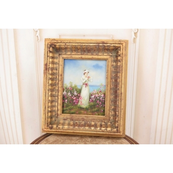 Kobieta w Białej Sukni - Kwiaty Róże - Portret - Obraz Olejny Ozdobna Rama