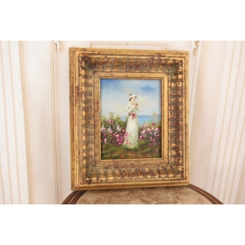 Kobieta w Białej Sukni - Kwiaty Róże - Portret - Obraz Olejny Ozdobna Rama