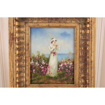 Kobieta w Białej Sukni - Kwiaty Róże - Portret - Obraz Olejny Ozdobna Rama