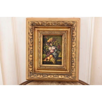 Kolorowe Kwiaty i Owoce Na Stole - Martwa Natura - Obraz Olejny Złota Rama