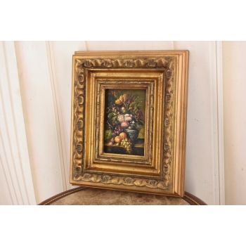 Kolorowe Kwiaty i Owoce Na Stole - Martwa Natura - Obraz Olejny Złota Rama