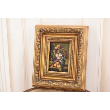 Kolorowe Kwiaty i Owoce Na Stole - Martwa Natura - Obraz Olejny Złota Rama