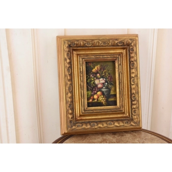 Kolorowe Kwiaty i Owoce Na Stole - Martwa Natura - Obraz Olejny Złota Rama