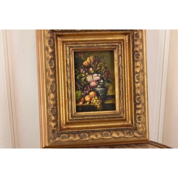 Kolorowe Kwiaty i Owoce Na Stole - Martwa Natura - Obraz Olejny Złota Rama