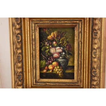 Kolorowe Kwiaty i Owoce Na Stole - Martwa Natura - Obraz Olejny Złota Rama
