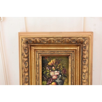 Kolorowe Kwiaty i Owoce Na Stole - Martwa Natura - Obraz Olejny Złota Rama