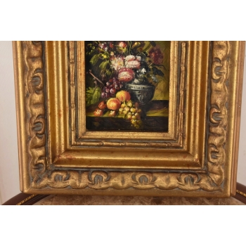 Kolorowe Kwiaty i Owoce Na Stole - Martwa Natura - Obraz Olejny Złota Rama