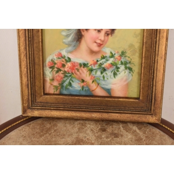 Portret Kobiety z Bukietem Róż - Kobieta Dama - Obraz Olejny Złota Rama