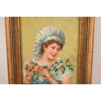 Portret Kobiety z Bukietem Róż - Kobieta Dama - Obraz Olejny Złota Rama