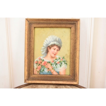 Portret Kobiety z Bukietem Róż - Kobieta Dama - Obraz Olejny Złota Rama