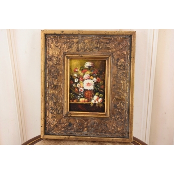 Kwiaty w Wazonie Na Stole - Martwa Natura - Obraz Olejny Zdobiona Rama