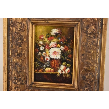 Kwiaty w Wazonie Na Stole - Martwa Natura - Obraz Olejny Zdobiona Rama