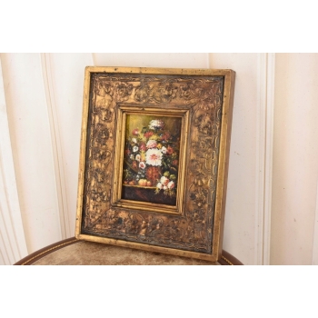 Kwiaty w Wazonie Na Stole - Martwa Natura - Obraz Olejny Zdobiona Rama