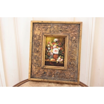 Kwiaty w Wazonie Na Stole - Martwa Natura - Obraz Olejny Zdobiona Rama