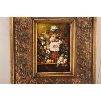 Kwiaty w Wazonie Na Stole - Martwa Natura - Obraz Olejny Zdobiona Rama