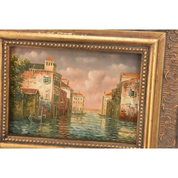 Włoskie Miasteczko Przy Wodzie - Wenecja Włochy - Obraz Olejny - Złota Rama